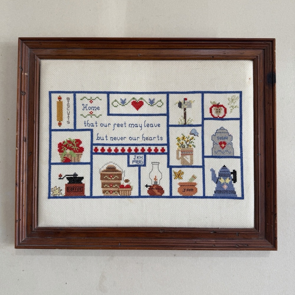 Vintage 1986 Framed Cross Stitch Sampler Home Cottagecore Wall Art